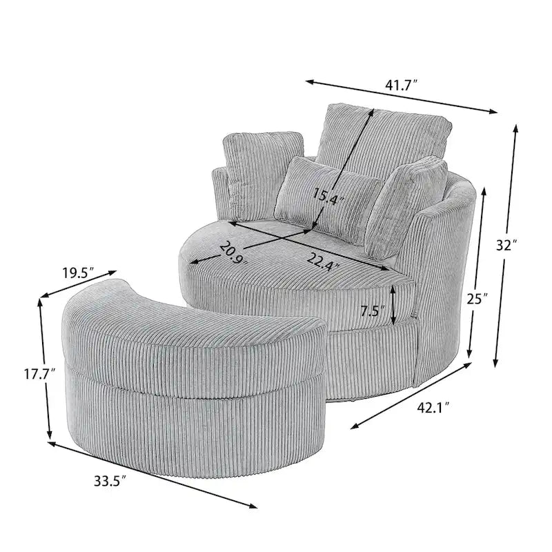 Fauteuil pivotant rembourré avec pouf de rangement à plateau en bois