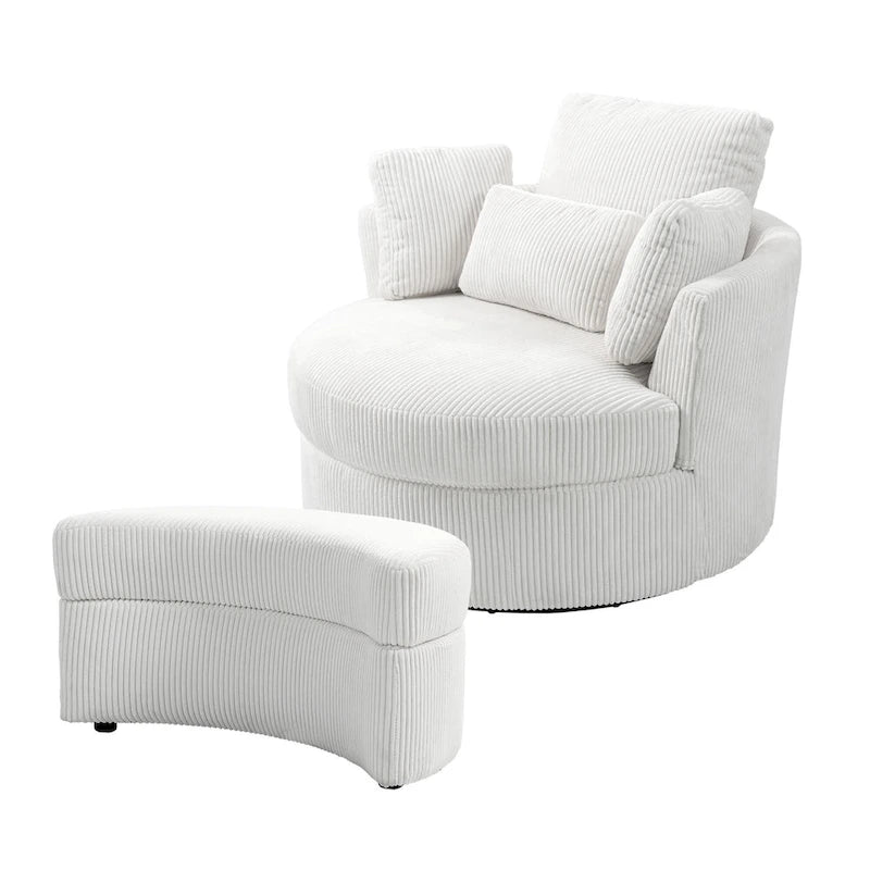 Fauteuil pivotant rembourré avec pouf de rangement à plateau en bois