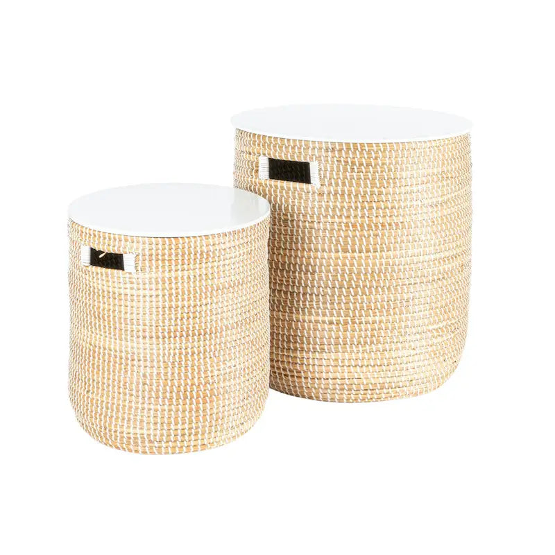 Tables en jonc de mer avec rangement et plateaux en bois