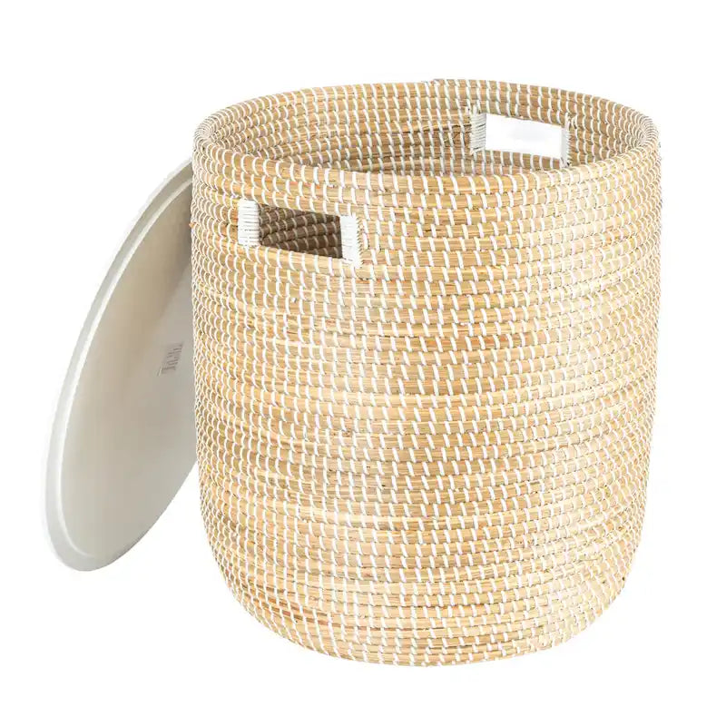 Tables en jonc de mer avec rangement et plateaux en bois