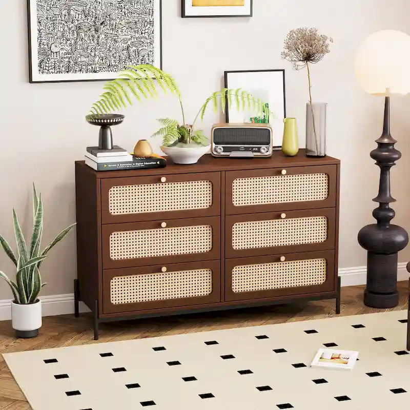 6-Drawer Rattan Wood Nightstand