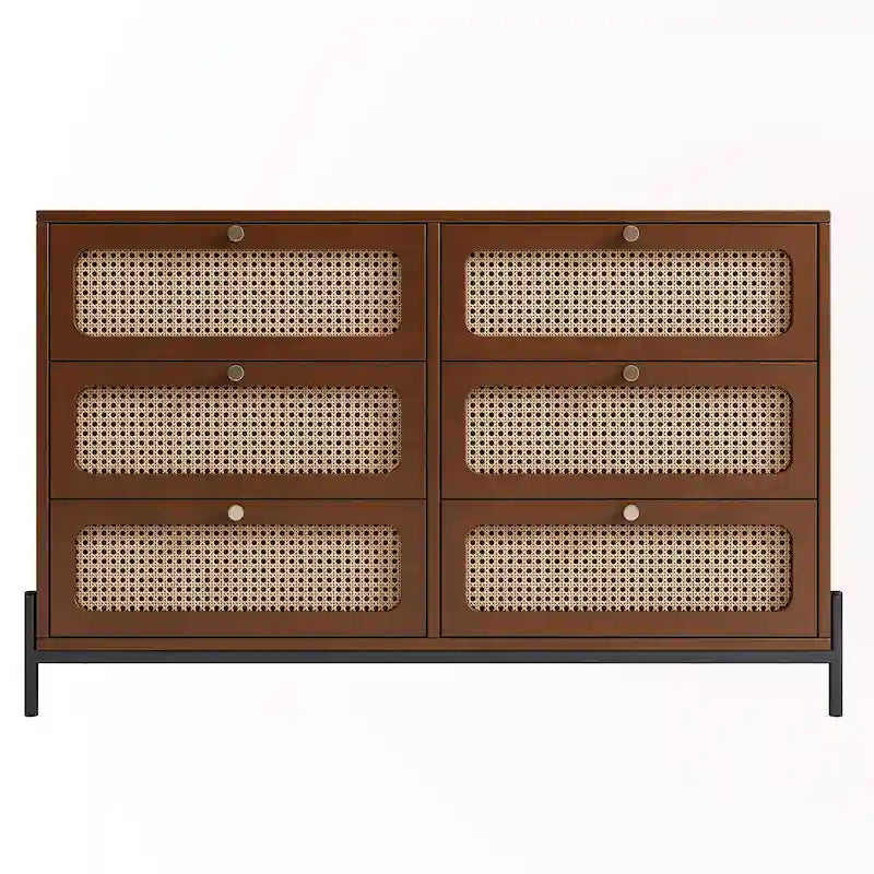 Table de chevet en rotin et bois à 6 tiroirs