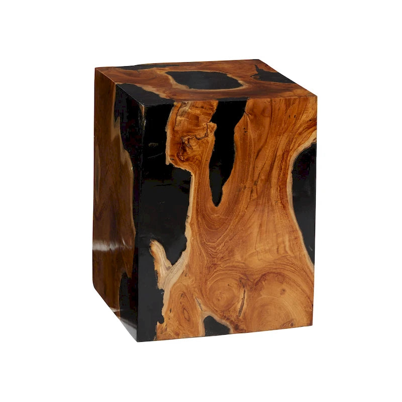 Teak Wood Block Accent Table with Black Resin Inlay - Brown - Roche River Decor - 11Wx12Lx15H