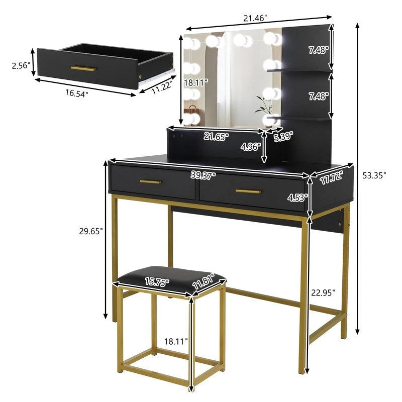 Grande coiffeuse, table de toilette pour femmes et filles, chambre à coucher (blanc, noir)