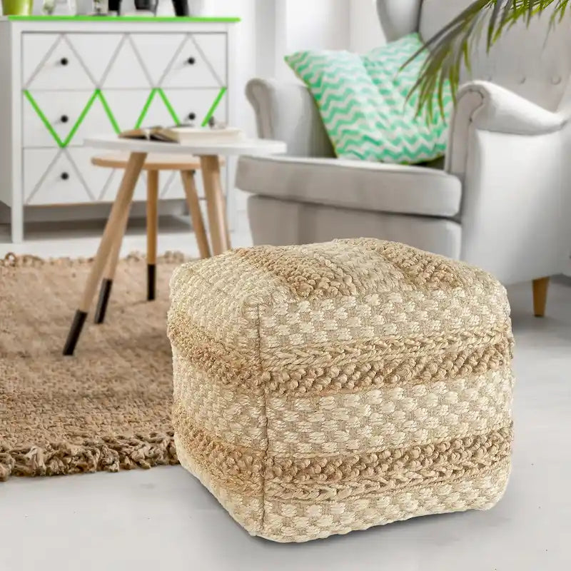 Pouf à carreaux en jute naturel Sevita