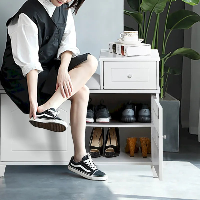 Banc de rangement à chaussures en bois avec tiroir, blanc