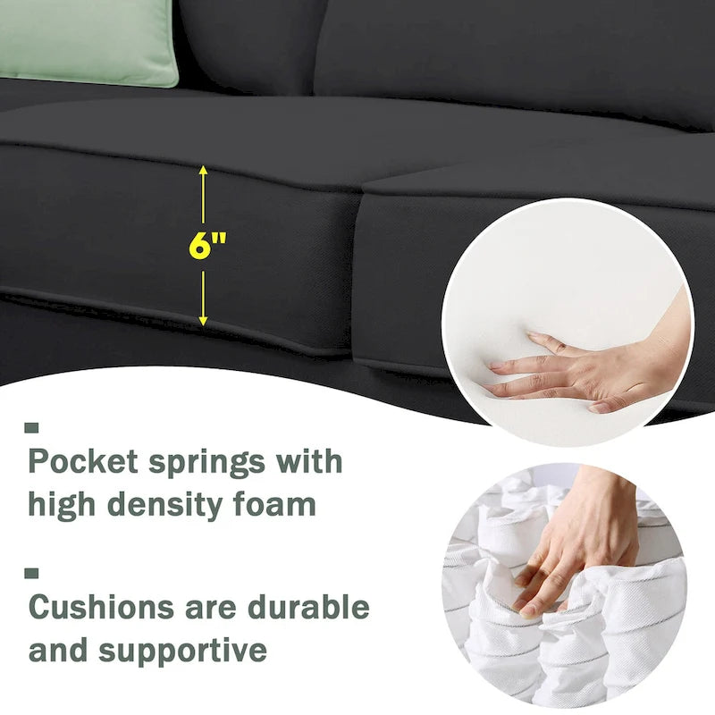 Canapé d'angle 112 x 87 cm, 7 places, modulable, avec 3 coussins, noir.