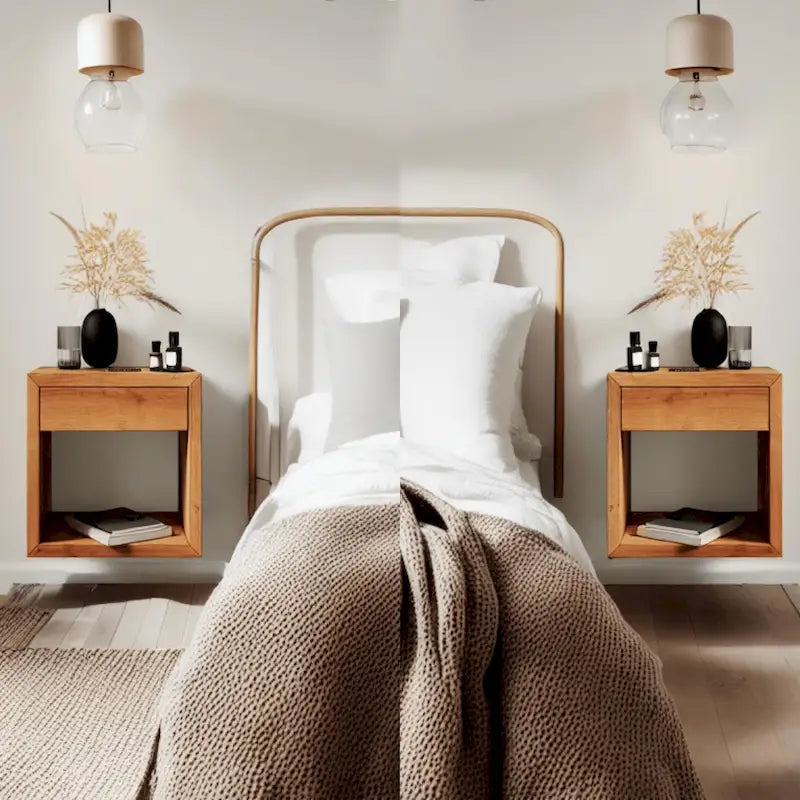 Ensemble de 2 tables de chevet flottantes en chêne massif faites à la main avec tiroir, tables d'appoint