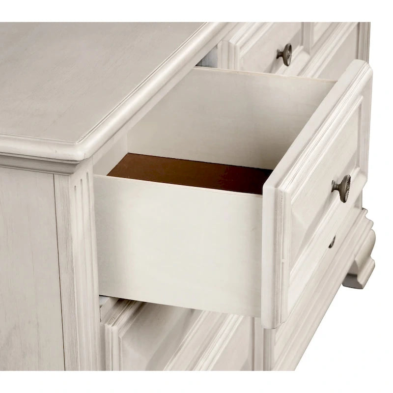 Ensemble de chambre à coucher Roundhill Furniture Renova en bois parchemin vieilli avec lit à panneaux, commode, miroir, table de chevet et commode haute.