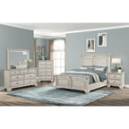 Ensemble de chambre à coucher Roundhill Furniture Renova en bois parchemin vieilli avec lit à panneaux, commode, miroir, table de chevet et commode haute.