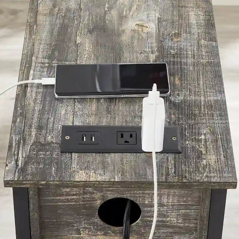 Table de chevet avec station de charge, 2 ports USB et 2 prises électriques, table d'appoint haute avec 2 tiroirs et étagère de rangement