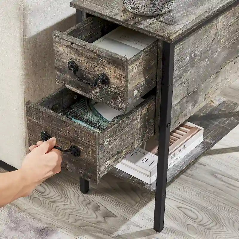 Table de chevet avec station de charge, 2 ports USB et 2 prises électriques, table d'appoint haute avec 2 tiroirs et étagère de rangement