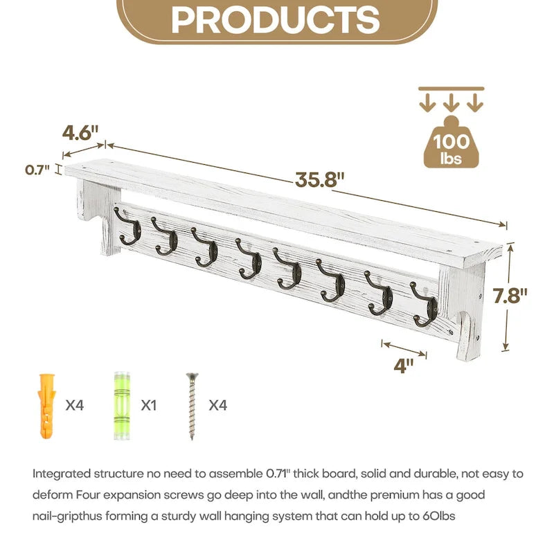 Porte-manteau mural 35,8 cm avec étagère de rangement et crochets métalliques - 35,8 cm (L) x 4,6 cm (P) x 7,8 cm (H)
