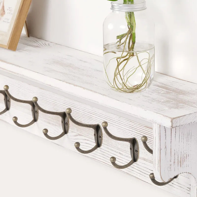 Porte-manteau mural 35,8 cm avec étagère de rangement et crochets métalliques - 35,8 cm (L) x 4,6 cm (P) x 7,8 cm (H)