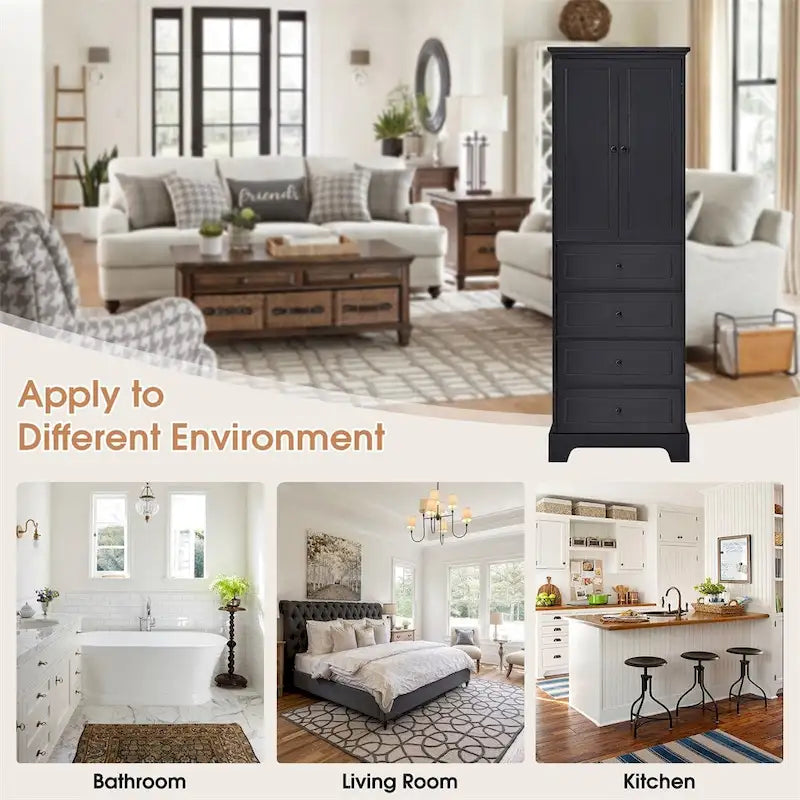 Armoire de rangement en bois à 2 portes et 4 tiroirs, étagère réglable