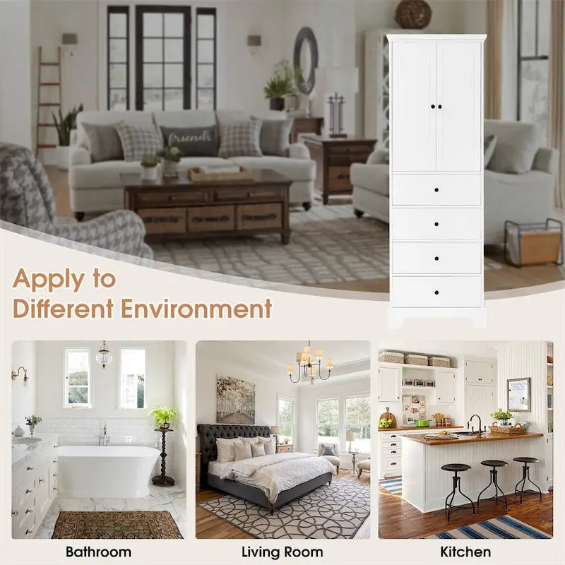 Armoire de rangement en bois à 2 portes et 4 tiroirs, étagère réglable