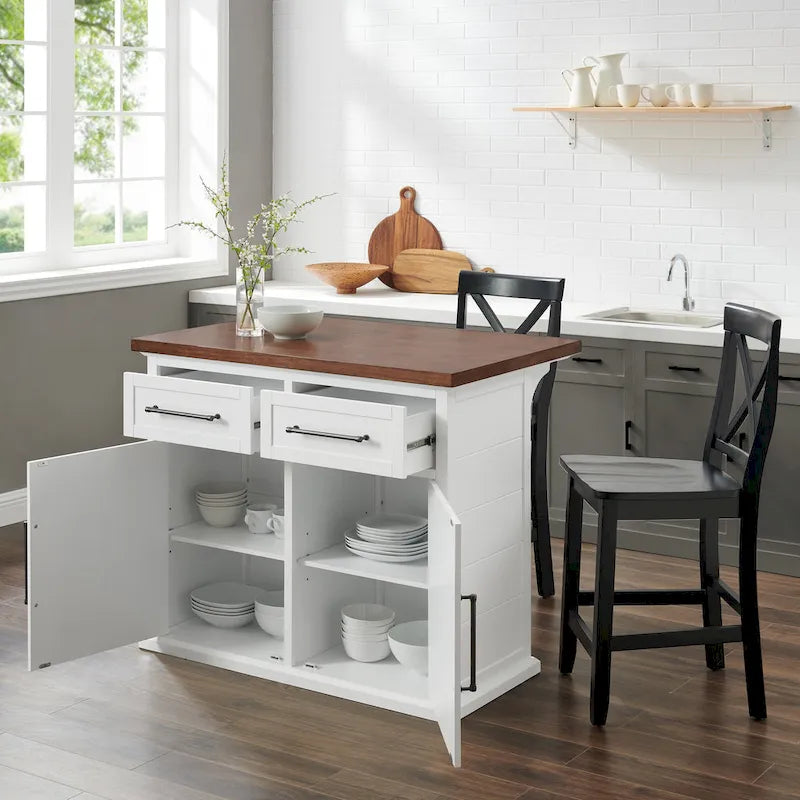Îlot de cuisine Crosley Bartlett avec plateau en bois et tabourets à dossier en X