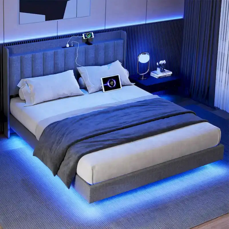 Modern Upholstered Floating Bed Frame with LED Lights