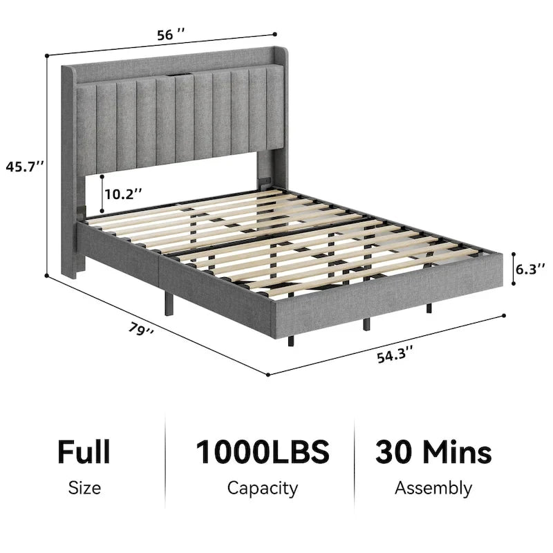 Cadre de lit flottant moderne capitonné avec éclairage LED