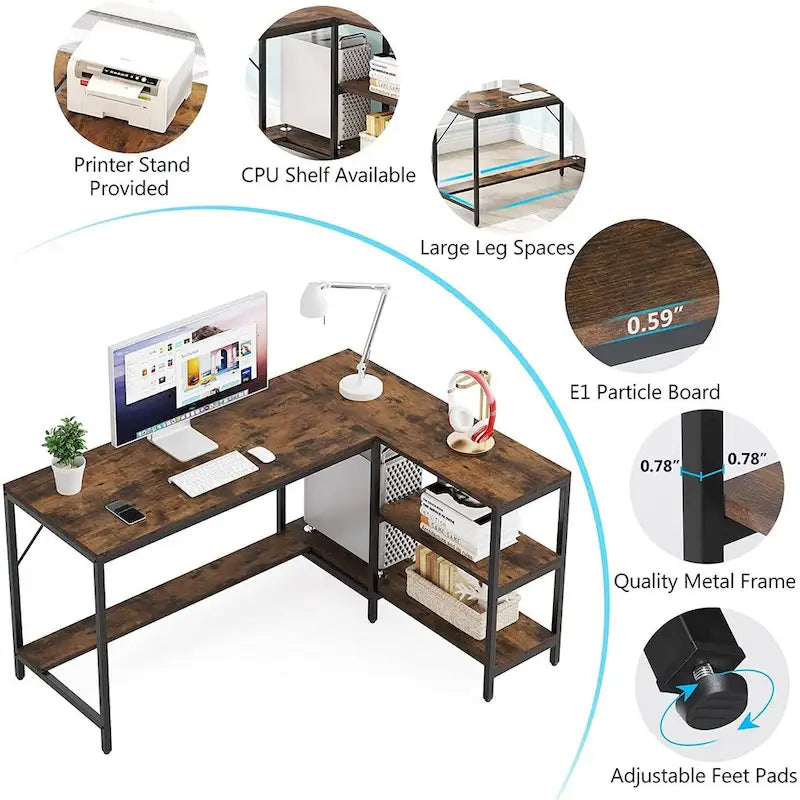 Bureau en L avec étagères de rangement, bureau d'angle avec étagère supérieure, poste de travail pour bureau à domicile