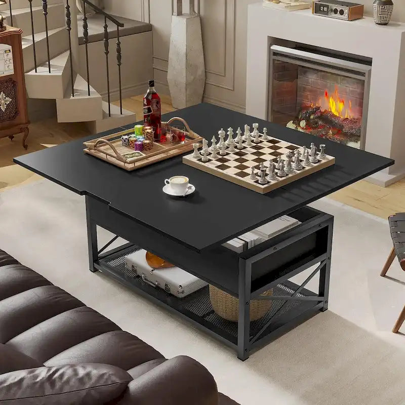 Table basse relevable avec étagère de rangement ouverte et compartiment de rangement dissimulé