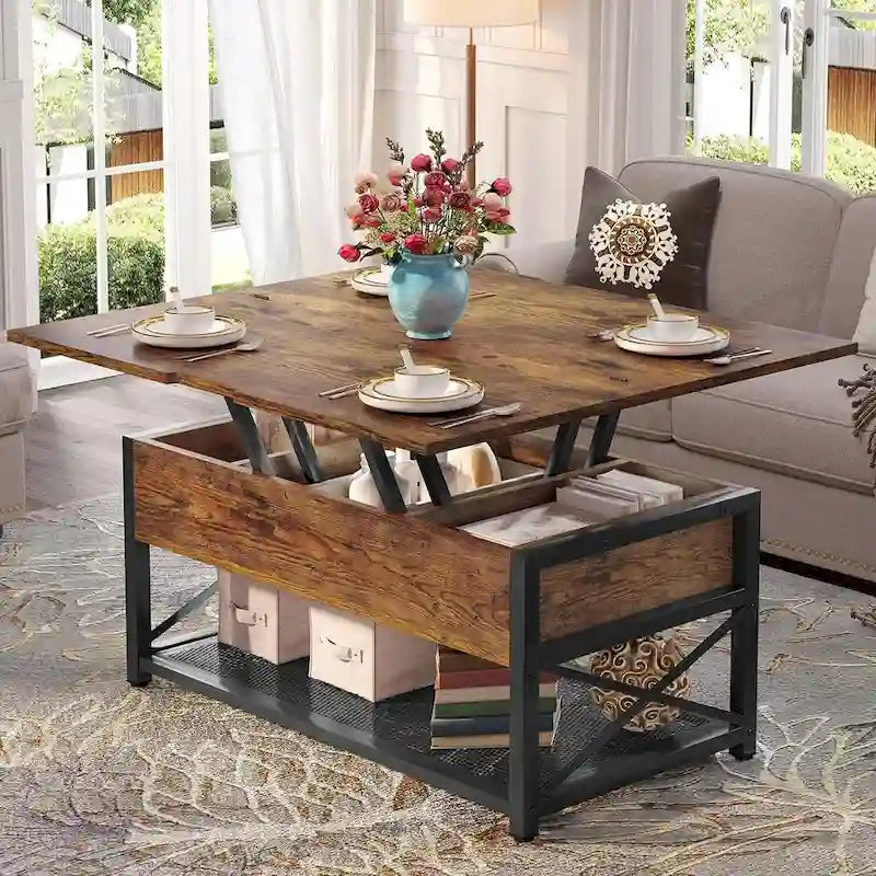 Lift Top Coffee Table Open Storage Shelf & Hidden Classified Storage