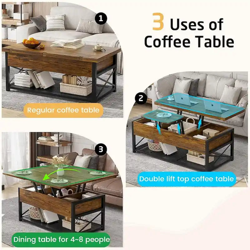 Table basse relevable avec étagère de rangement ouverte et compartiment de rangement dissimulé