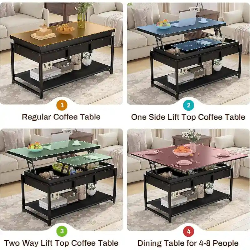 Table basse relevable avec étagère de rangement ouverte et compartiment de rangement dissimulé