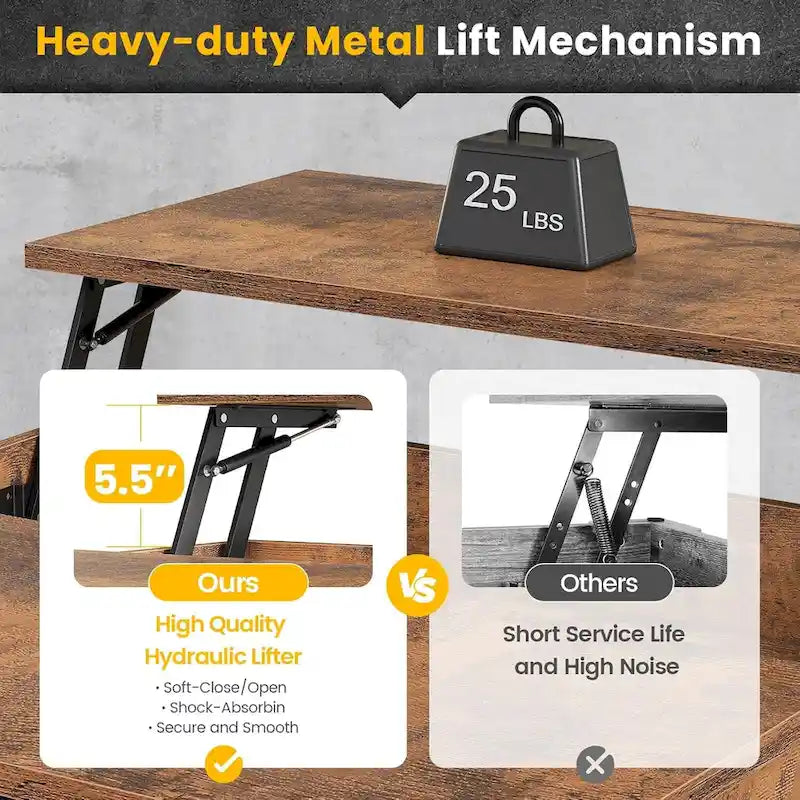 Table basse relevable avec étagère de rangement ouverte et compartiment de rangement dissimulé