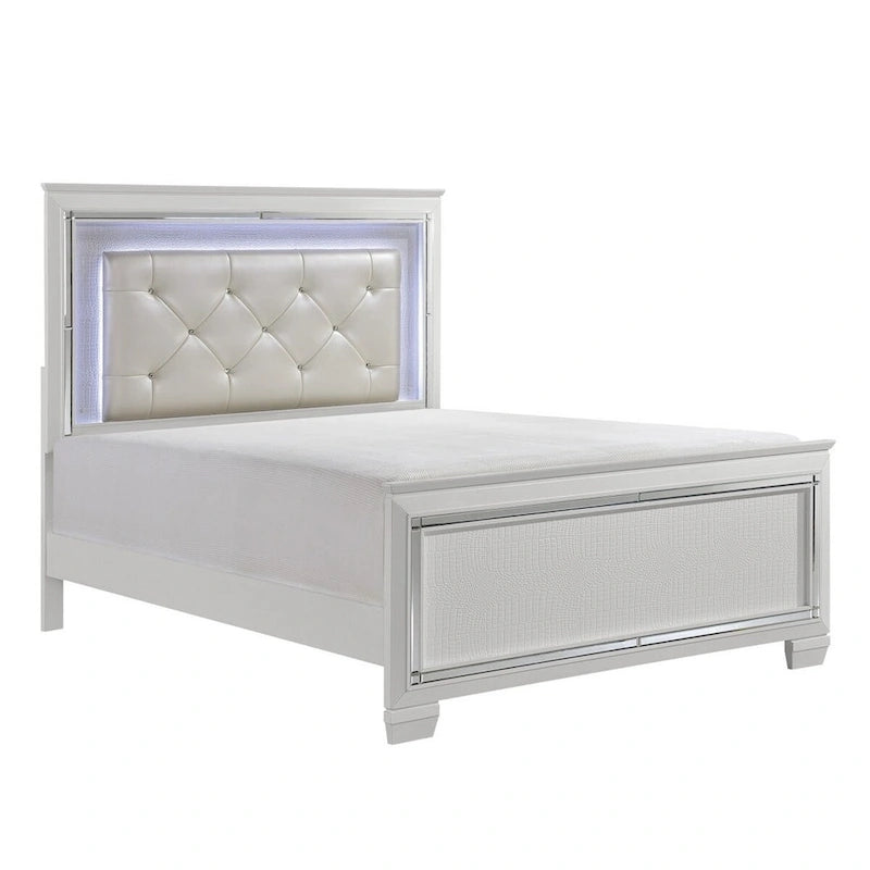 Noah Contemporary Queen Bed, LED Backlit Crystal Tufted Headboard, White