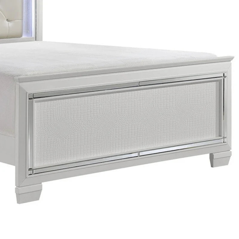 Lit Queen contemporain Noah, tête de lit capitonnée en cristal rétroéclairée par LED, blanc