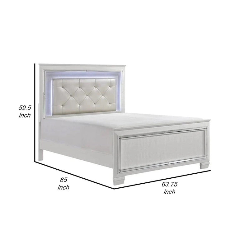 Lit Queen contemporain Noah, tête de lit capitonnée en cristal rétroéclairée par LED, blanc