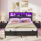 Cadre de lit avec tête de lit bibliothèque, cadre de lit plateforme en métal avec station de recharge et éclairage LED