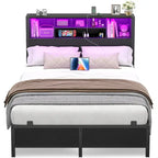 Cadre de lit avec tête de lit bibliothèque, cadre de lit plateforme en métal avec station de recharge et éclairage LED