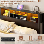 Cadre de lit avec tête de lit bibliothèque, cadre de lit plateforme en métal avec station de recharge et éclairage LED