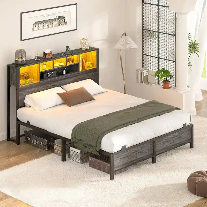 Cadre de lit avec tête de lit bibliothèque, cadre de lit plateforme en métal avec station de recharge et éclairage LED
