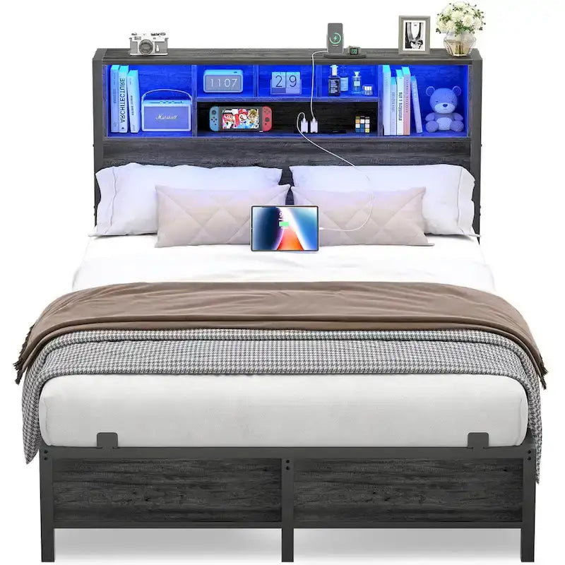 Cadre de lit avec tête de lit bibliothèque, cadre de lit plateforme en métal avec station de recharge et éclairage LED