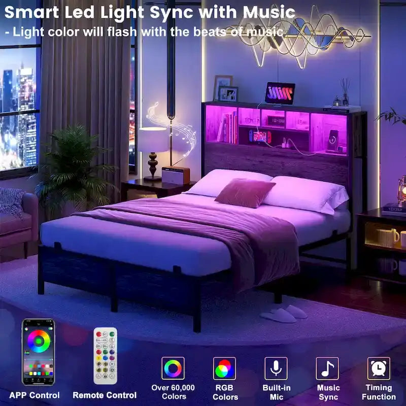 Cadre de lit avec tête de lit bibliothèque, cadre de lit plateforme en métal avec station de recharge et éclairage LED