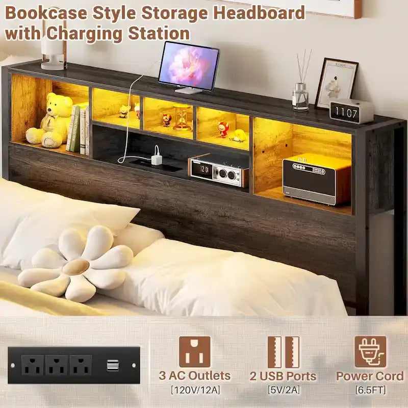 Cadre de lit avec tête de lit bibliothèque, cadre de lit plateforme en métal avec station de recharge et éclairage LED