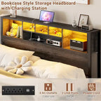 Cadre de lit avec tête de lit bibliothèque, cadre de lit plateforme en métal avec station de recharge et éclairage LED