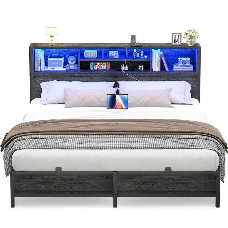 Cadre de lit avec tête de lit bibliothèque, cadre de lit plateforme en métal avec station de recharge et éclairage LED