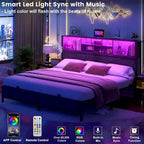 Cadre de lit avec tête de lit bibliothèque, cadre de lit plateforme en métal avec station de recharge et éclairage LED