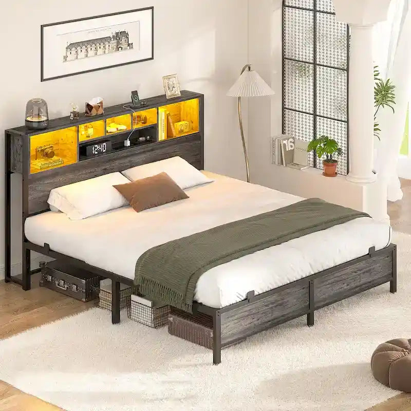 Cadre de lit avec tête de lit bibliothèque, cadre de lit plateforme en métal avec station de recharge et éclairage LED
