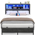 Cadre de lit avec tête de lit bibliothèque, cadre de lit plateforme en métal avec station de recharge et éclairage LED