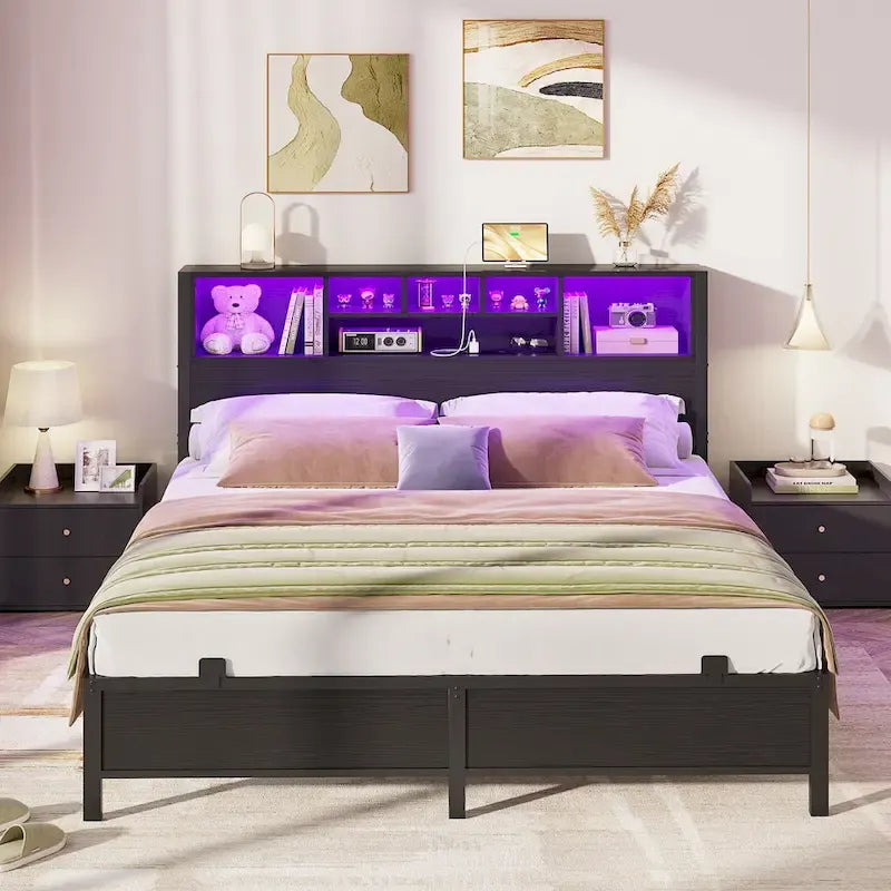 Cadre de lit avec tête de lit bibliothèque, cadre de lit plateforme en métal avec station de recharge et éclairage LED