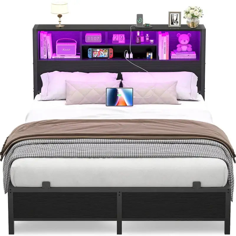 Cadre de lit avec tête de lit bibliothèque, cadre de lit plateforme en métal avec station de recharge et éclairage LED