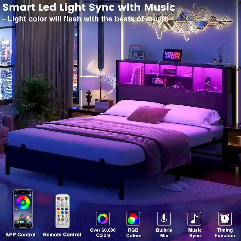 Cadre de lit avec tête de lit bibliothèque, cadre de lit plateforme en métal avec station de recharge et éclairage LED