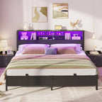 Cadre de lit avec tête de lit bibliothèque, cadre de lit plateforme en métal avec station de recharge et éclairage LED