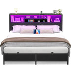 Cadre de lit avec tête de lit bibliothèque, cadre de lit plateforme en métal avec station de recharge et éclairage LED