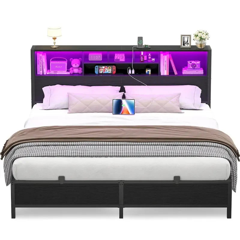 Cadre de lit avec tête de lit bibliothèque, cadre de lit plateforme en métal avec station de recharge et éclairage LED